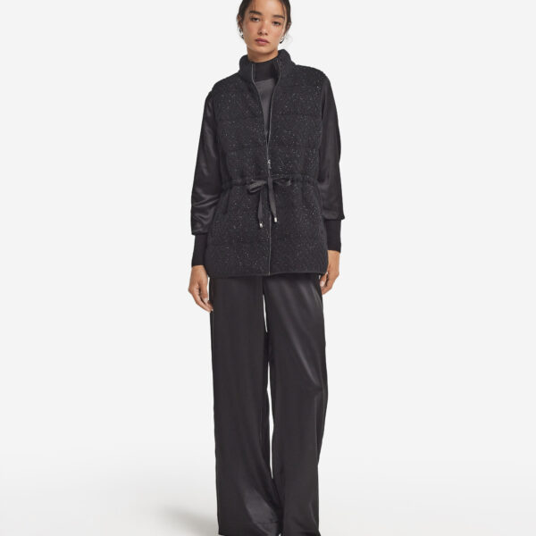 Sleeveless cashmere short quilted jacket with lamé herringbone pattern