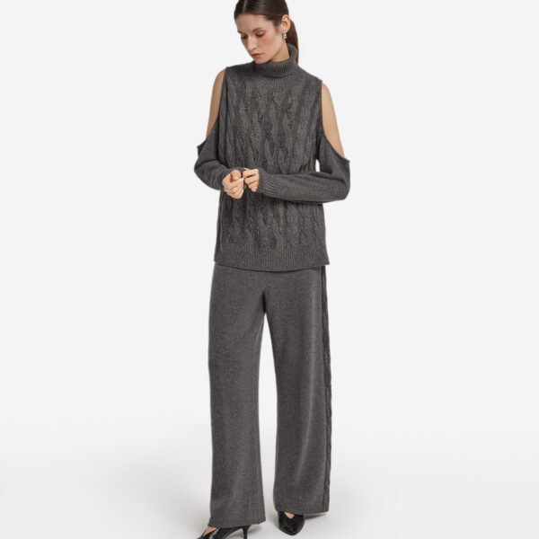 Cut-out Cable-knit Sweater with Rhinestones in Ultrasoft Cashmere